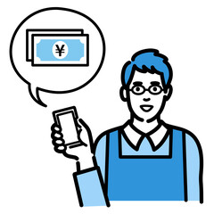 スマートフォンを持ってお金の説明をしているメガネをかけた主夫
