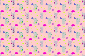 Seamless cute cat pattern, cat wallpaper on pink background.