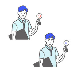 若いタンクトップを着たマッチョの男性のイエスとノーのフラグと表情のバリエーションのセットの白バックの線画