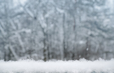 a layer of snow against the background of the forest. Winter background