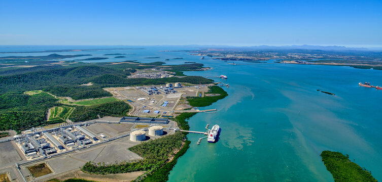 Aerial view of liquified natural gas plant and LNG ship on Curtis Island, Queensland