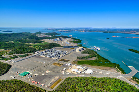 Aerial view of liquified natural gas plant and LNG ship on Curtis Island, Queensland