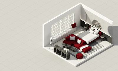 Interior bed room red color room with red velvet furniture standing on concrete tile floor with feature wall decoration built-in and big windows in modern arc curve trend design 3d render isometric