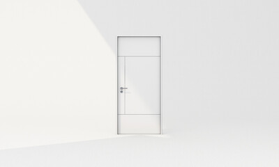 Closed white door on white background with sunlight shade and shadow. 3d render