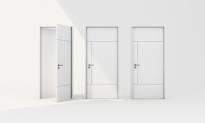 Closed white door and open on white background with sunlight shade and shadow. 3d render