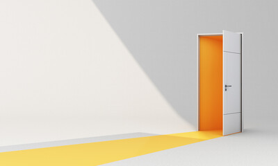 Open white door with yellow color inside on white background with sunlight shade and shadow with walk way yellow on the floor. 3d render