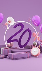 Great discount banner design with SALE 20% text phrase on purple and pink background with gift box, shopping cart bag and alarm clock elements megaphone with product stand 3d rendering