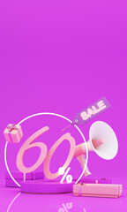 Great discount banner design with SALE 60% text phrase on purple and pink background with gift box, shopping cart bag and alarm clock elements megaphone with product stand 3d rendering vertical frame