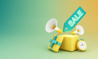 Great discount banner design with SALE text phrase on green and yellow background with gift box, shopping cart bag and alarm clock elements megaphone with product stand 3d rendering