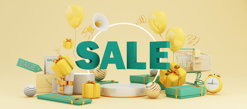 Great discount banner design with SALE text phrase on green and yellow background with gift box, shopping cart bag and alarm clock elements megaphone with product stand 3d rendering