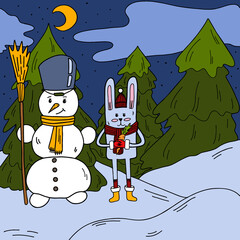 A picture of a rabbit sculpting a snowman in the forest. Vector illustration