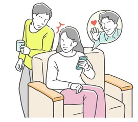 夫にスマホを覗き込まれ慌てる妻