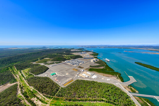 Aerial shot of liquified natural gas plants on Curtis Island, Queensland