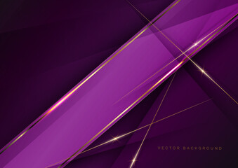 Abstract luxury violet elegant geometric diagonal overlay layer background with golden lines.