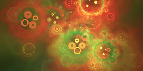 Abstract fractal art background banner of circles and polygons in orange, yellow and green, perhaps suggestive of buttons.