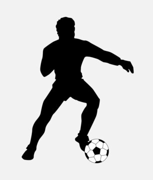 Football player silhouette with ball isolated on white. Dribbling of the player with the ball. Vector