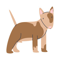 A puppy dog ​​with a spot on its muzzle stands and smiles. Cute pets isolated on white background. Flat vector illustration.