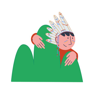 Play hide and seek with friends. Children's costume party. A boy in a bandage of bird feathers on his head peeks out from behind a bush. Flat vector illustration.