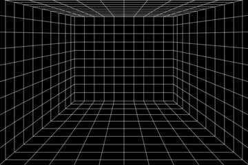3D black and white digital grid of room space with two point perspective