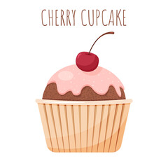 Delicious cupcake with white cream with cherry on the top. Cute dessert isolated on a white background