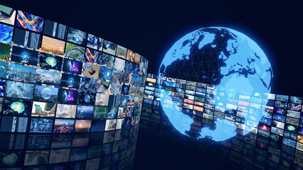 Movie screen and global communication network concept. Broadcasting.