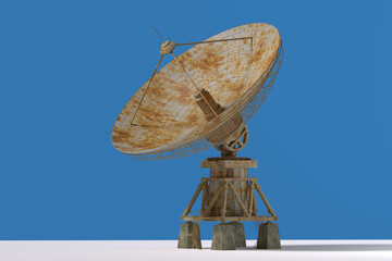 3d model of an old rusty parabolic antenna for transmitting and receiving information on a blue background.