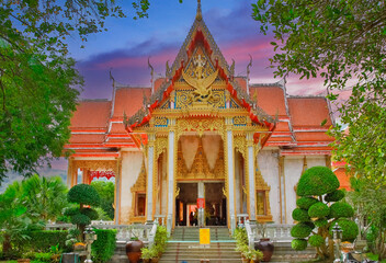 beautiful Wat Chalong Buddhist temples in Phuket Thailand. Decorated in beautiful ornate colours of...