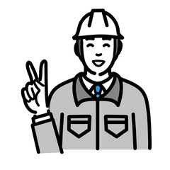 Obraz premium 笑顔でピースサインをしているヘルメットをかぶった現場作業員の男性 