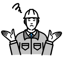 両手を上げて困っているヘルメットをかぶった現場作業員の男性
