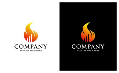Hot Fire Flame Investing Business Financial Bar Chart Logo design vector template. on a black and white background.