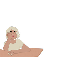 Cartoon short light hair boy sitting with chin contemplating on brown table.Cute child feeling bored on white background. Vector isolate flat design concept for Psychology, unhappy,depression,bored.