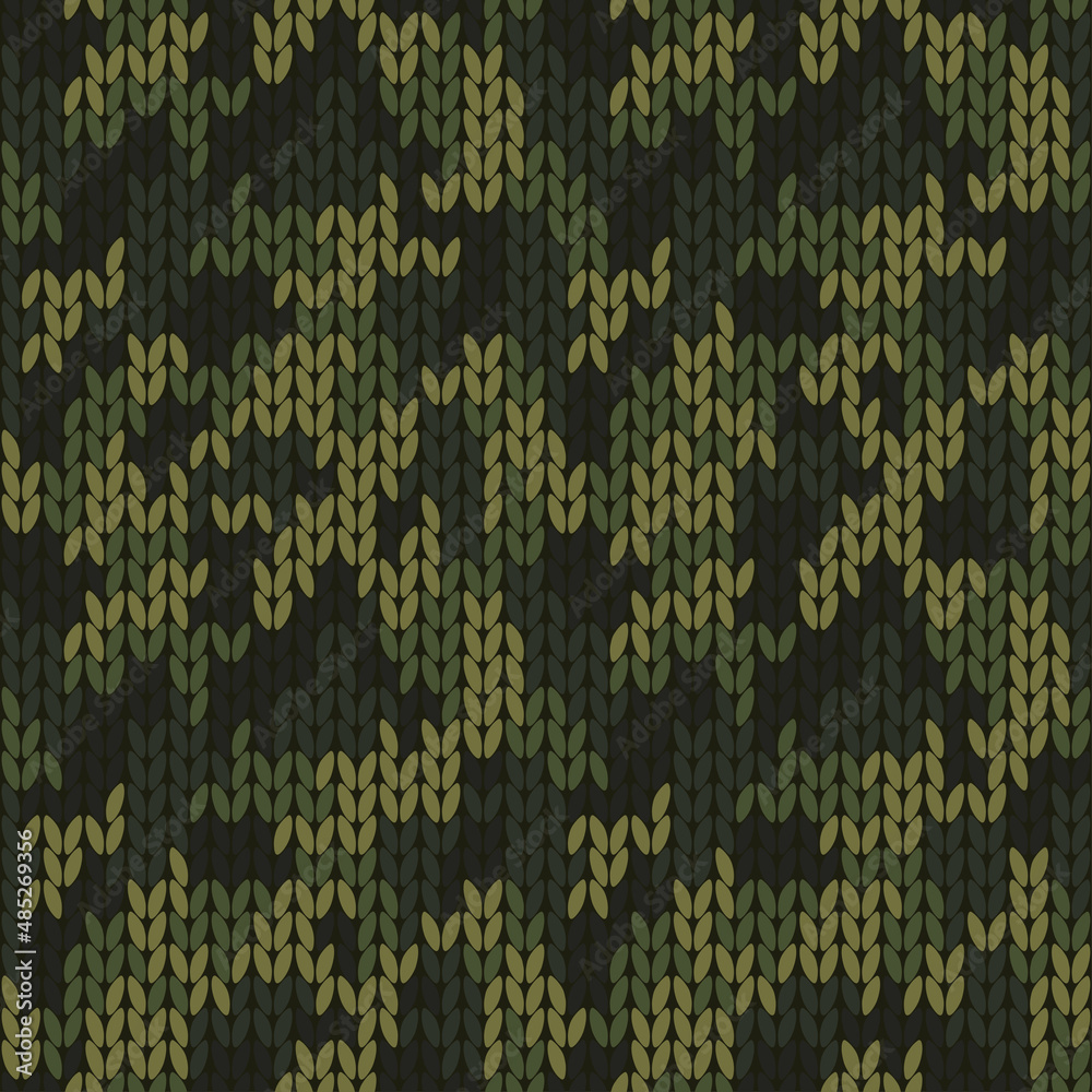 Poster Military decorative knitted camouflage with high detail made fabric texture. Vector dark khaki green camo seamless pattern.