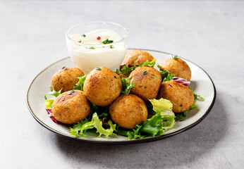 Vegetarian chickpeas falafel balls with fresh green salad. Traditional Middle Eastern and arabian food.	