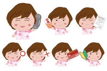 いろいろなポーズをする沖縄のかりゆしウェアを着た若い女性