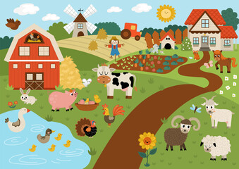 Vector farm landscape illustration. Rural village scene with animals, barn, country house. Cute spring or summer nature background with pond, meadow, garden. Detailed country field picture for kids.