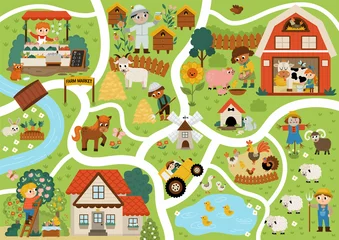 Foto op Plexiglas Farm village map. Country life background. Vector rural area scenes infographic elements with animals, children, barn, tractor. Countryside plan with field, pasture, apiary, cottage, garden, market. © Lexi Claus