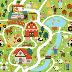 Farm village map seamless pattern. Country life repeat background. Vector digital paper with rural area scenes, animals, children, barn, tractor. Countryside plan with field, pasture, apiary, cottage © Lexi Claus