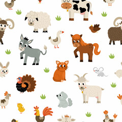 Obraz premium Vector seamless pattern with farm animals and birds. Repeat background with cow, horse, goat, sheep, duck, hen, pig. Rural countryside themed nature digital paper.