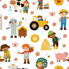 Vector seamless pattern with farmers. Repeat background with cute kids doing agricultural work. Rural country scenes digital paper. Funny farm illustration with cartoon boys and girls.