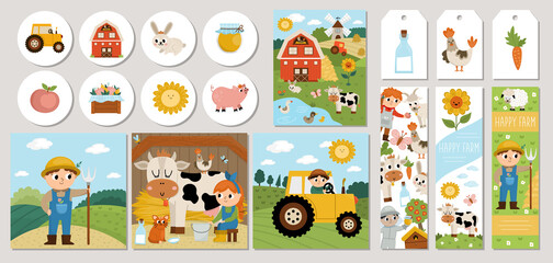 Cute farm cards set with farmer, barn, animals and birds. Vector country village square, round, vertical print templates. Countryside design for tags, postcards, ads with cow, tractor, rural scenes.