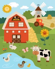 Foto auf Leinwand Vector farm landscape illustration. Rural village scene with animals, barn, tractor. Cute spring or summer nature background with pond, meadow, cow. Country field card for kids. © Lexi Claus