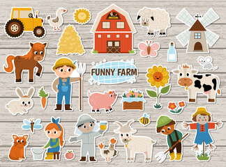 Big vector farm stickers set. Rural patches icons collection with funny kid farmers, barn, animals, birds, tractor, hay, beehive. Cute flat village or garden illustrations on wood background. © Lexi Claus