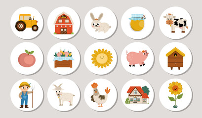 Cute farm round cards set with tractor, barn, farmer, cow. Vector country village highlight icons animals, birds, fruit, honey, sunflower. Countryside design for tags, ads, social media, local market.