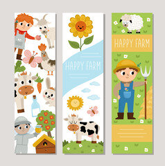 Cute farm vertical cards set with farmer, caw, sunflower, beekeeper, hen. Vector country village vertical print templates. Countryside bookmark design for tags, postcards, ads, local market.