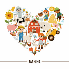 Vector farm heart shaped frame with farmers and animals. Rural country card template or local market design for banners, invitations. Cute countryside illustration with barn, cow, tractor, pig, hen.