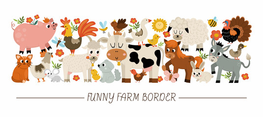 Vector horizontal border set with cute farm animals, birds, insects. Rural card template design with country characters. Cute countryside border with cow, hen, pig, goat, sheep, horse.