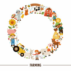 Fototapeta premium Vector farm round frame with farmers and animals. Rural country card template or local market design for banners, invitations. Cute countryside wreath illustration with barn, cow, tractor, pig, hen.