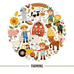 Vector farm round frame with farmers and animals. Rural country card template or local market design for banners, invitations. Cute countryside illustration with barn, cow, tractor, pig, hen, flower.