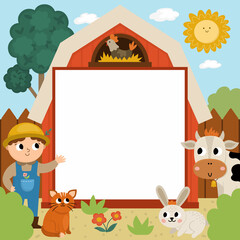 Farm party greeting card template with cute farmer, rural landscape and animals. Countryside poster or invitation for kids. Bright country holiday illustration with cow, rooster, and place for text.