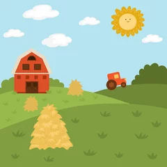  Vector farm landscape illustration. Rural village scene with barn, tractor, hay stack. Cute spring or summer square nature background. Detailed country field picture for kids. © Lexi Claus
